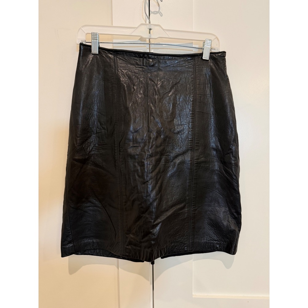 Vintage Leather Skirt Sz 28 Black EUC Knee Length Pencil Chic Goth Edgy Luxury
